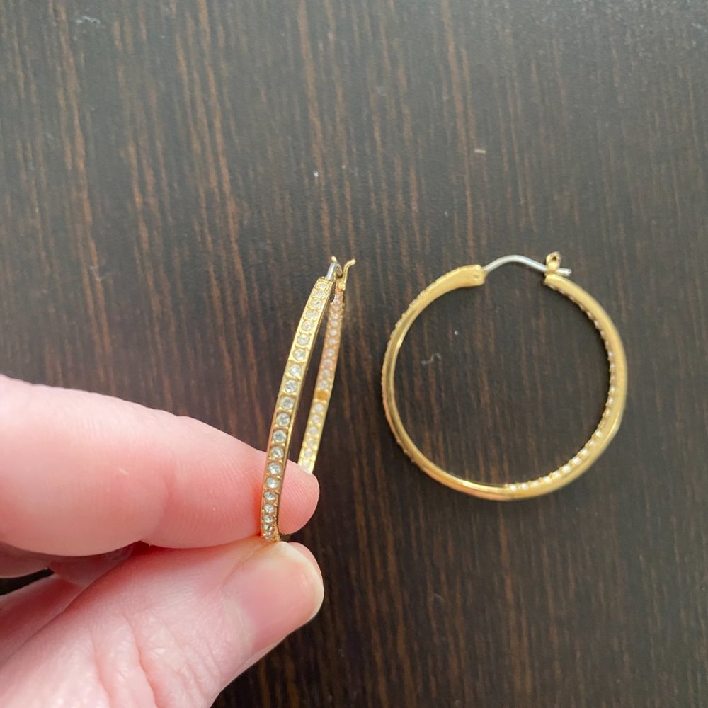 Used Condition 1.25" Faux Gold and Rhinestone Hoop Earrings